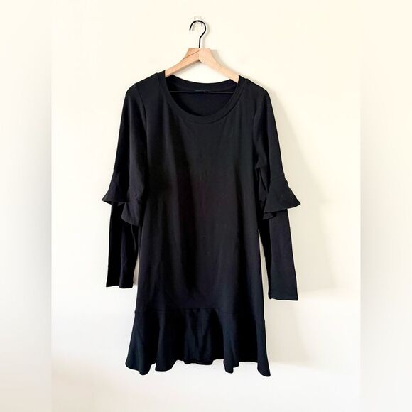 Kaari Blue Cotton Knit Long Sleeve Dress with Ruffle Detail in BLACK - Size L - Picture 2 of 6